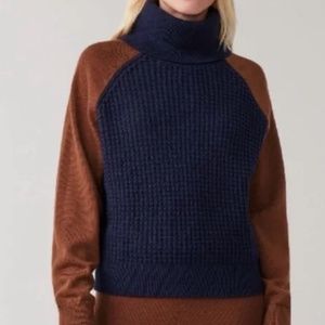 COS waffle merino wool colorblock jumper Sz L blue brown cowl turtleneck